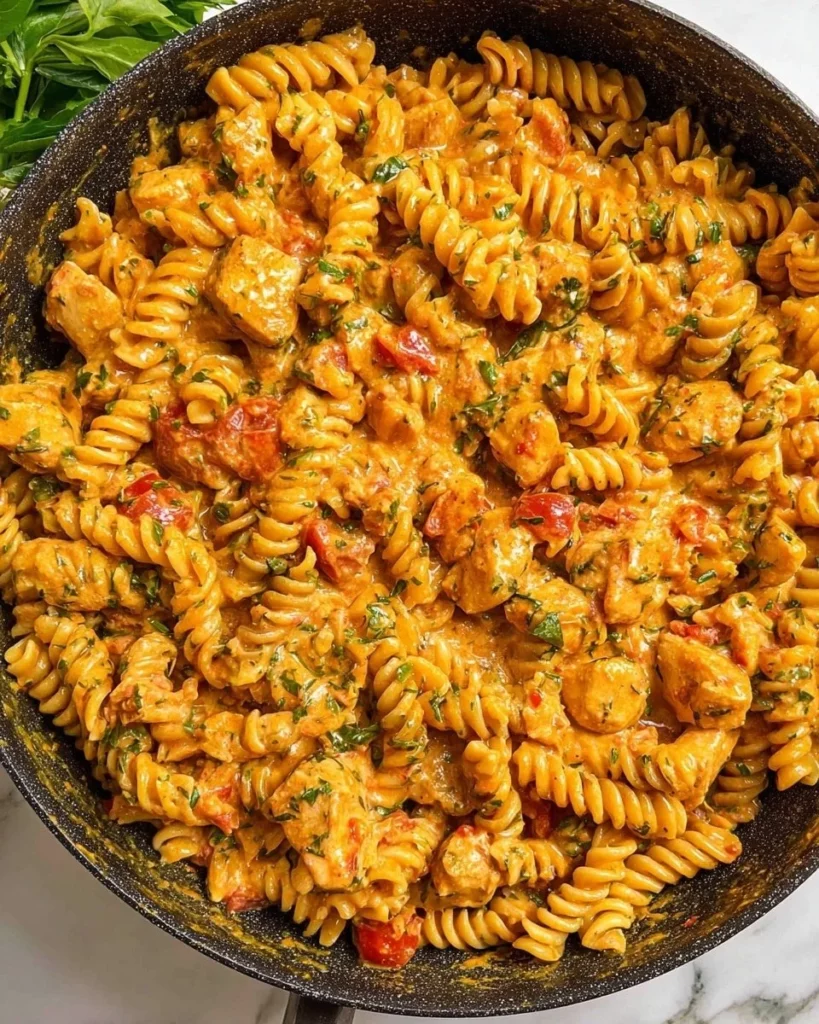 Delicious creamy tomato chicken pasta served in a bowl