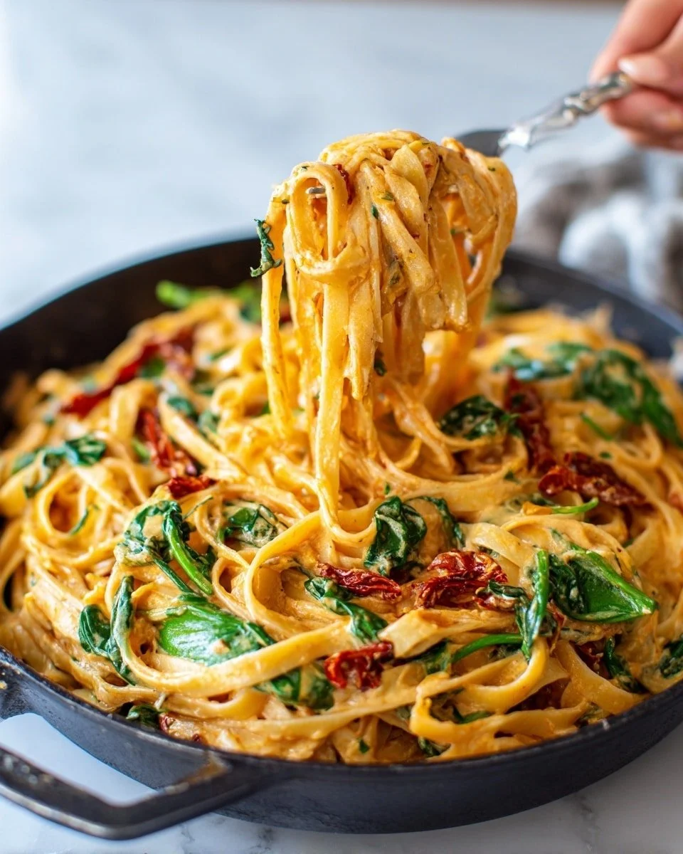 Creamy tomato spinach pasta dish garnished with fresh herbs