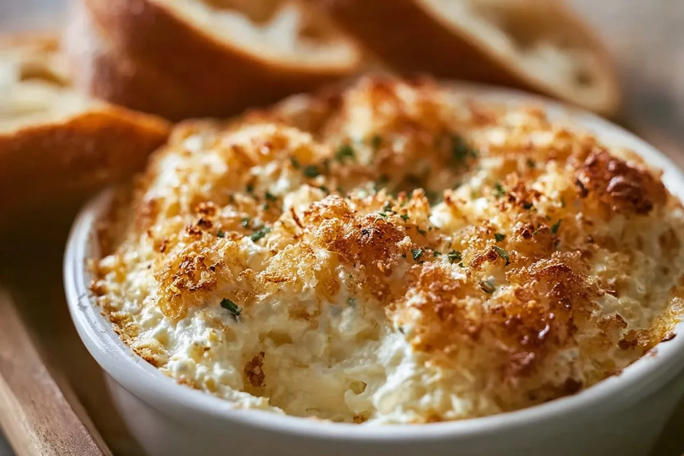 Delicious Crispy Baked Boursin served with crackers and herbs