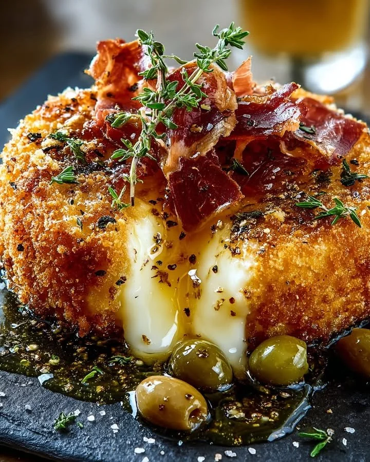 Crispy Brie topped with hot honey served on a wooden platter