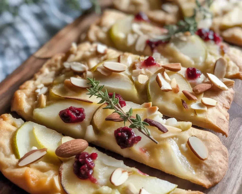 Crispy flatbread topped with melted brie, cranberries, and toasted almonds.