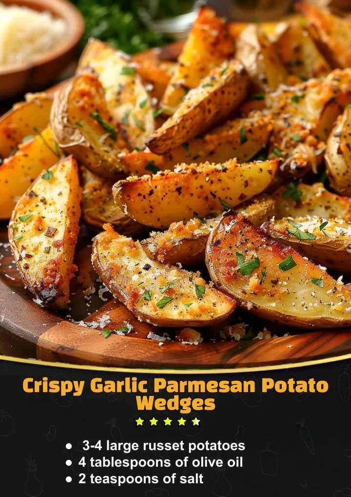Crispy garlic parmesan potato wedges served on a plate