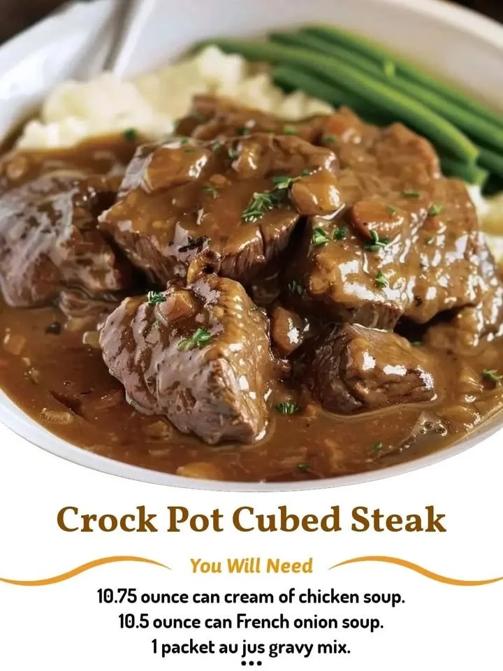 Crock Pot cubed steak simmered in a savory sauce