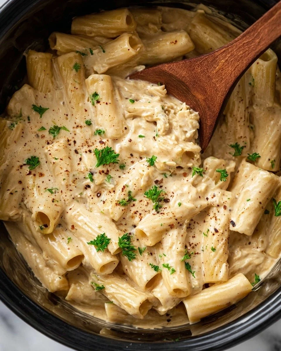 Crock Pot Garlic Parmesan Chicken Pasta served in a bowl with grated cheese and parsley.