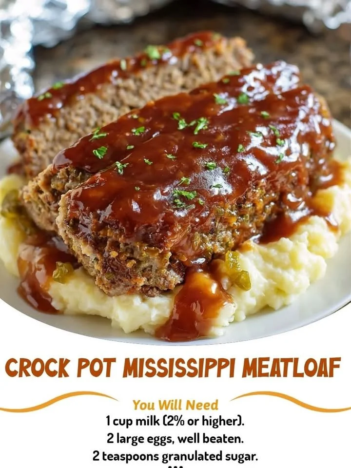 Delicious Crock Pot Mississippi Meatloaf served on a plate garnished with herbs