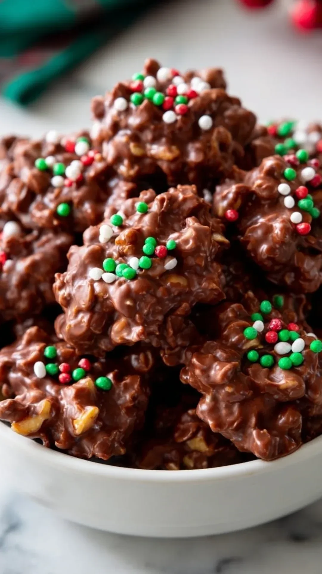 Crockpot Christmas candy recipe with chocolate and nuts in a festive setting.