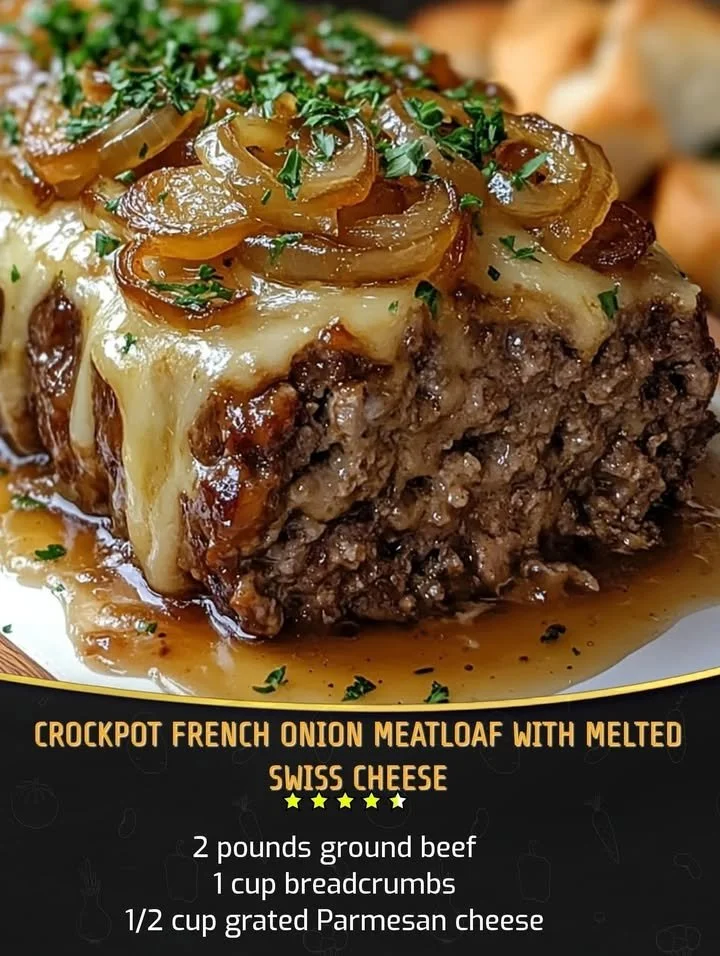 Crockpot French Onion Meatloaf topped with melted Swiss cheese