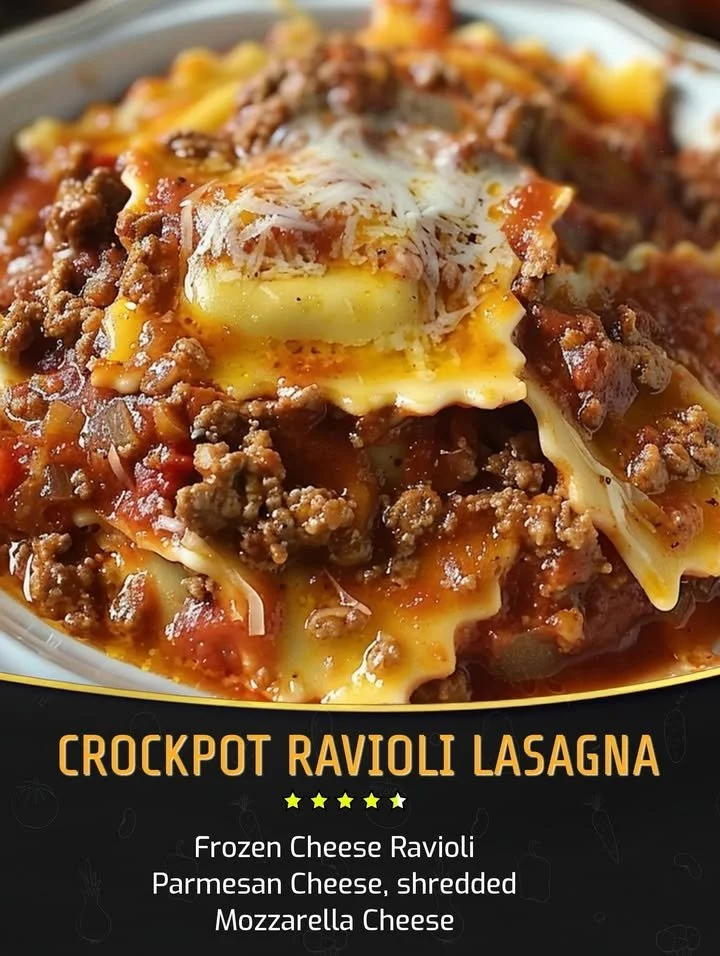 Crockpot Ravioli Lasagna served in a dish with cheese and herbs on top.