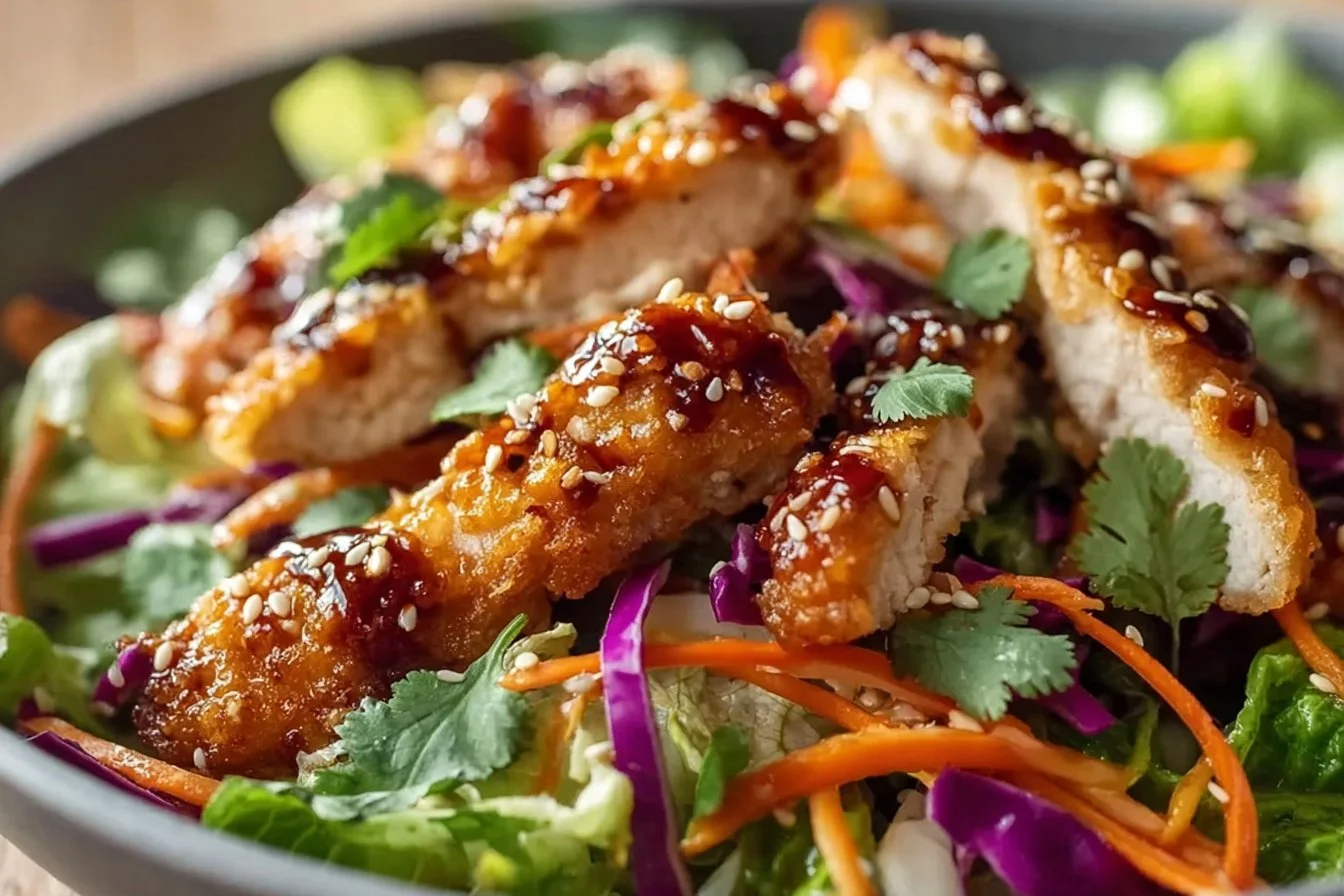 Crunchy Asian Sesame Chicken Salad with fresh vegetables and sesame dressing