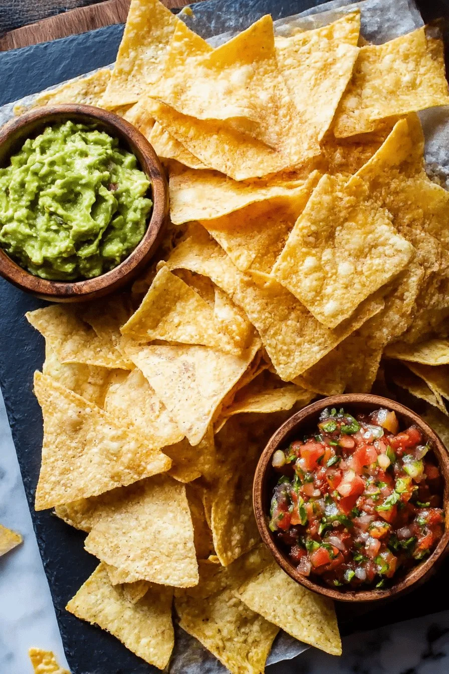 Homemade crunchy corn tortilla chips served with salsa
