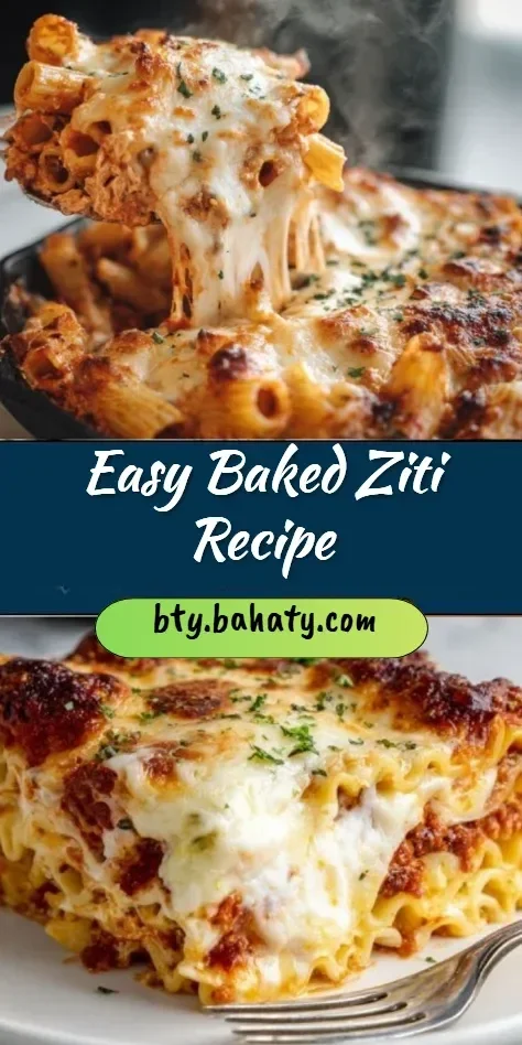 Easy Baked Ziti cooked with cheese and pasta, perfect for family dinners.