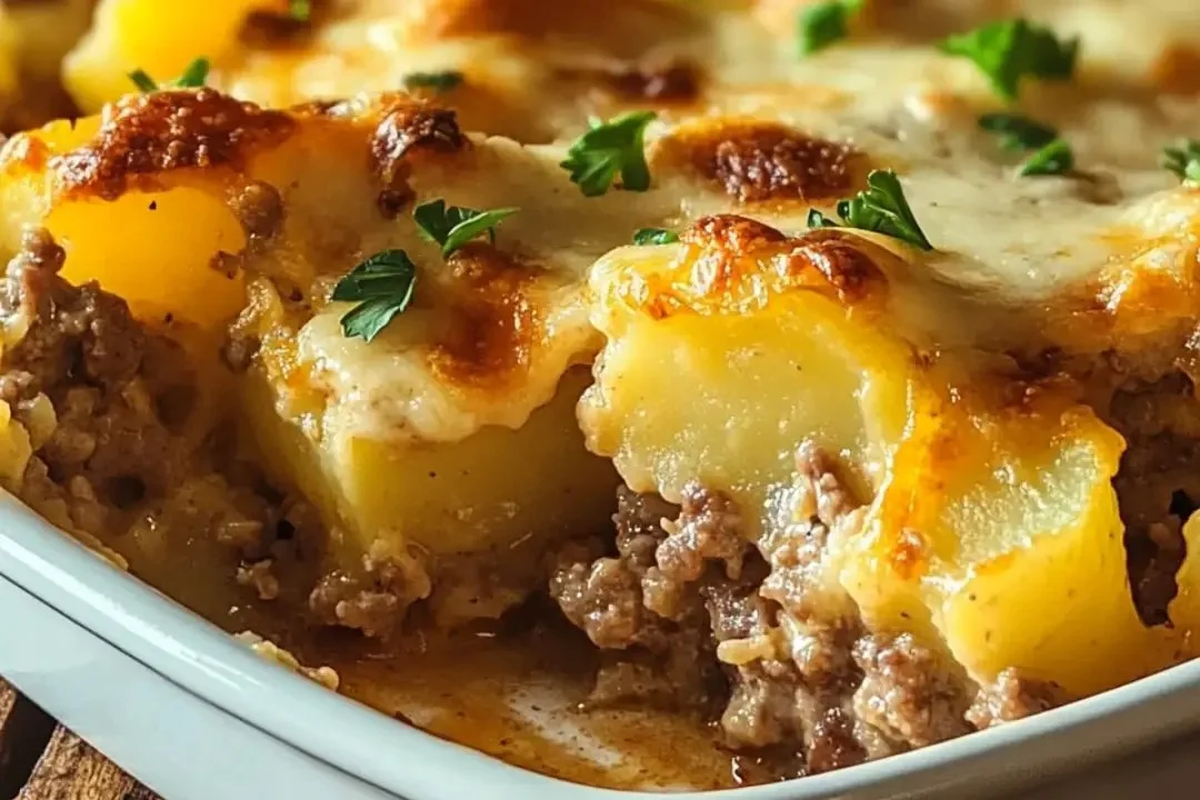Delicious hamburger potato casserole baked until golden and bubbly.