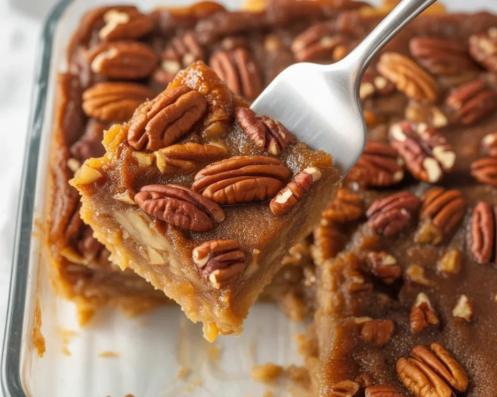 Easy pecan pie dump cake with gooey filling and buttery topping.