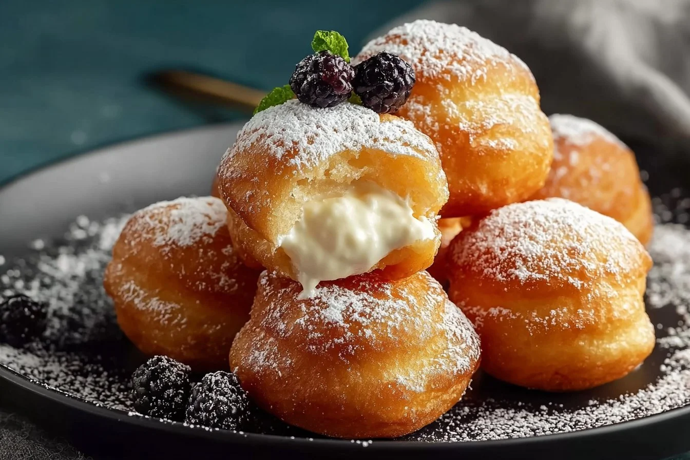 Plate of easy homemade Ricotta Zeppole dusted with powdered sugar