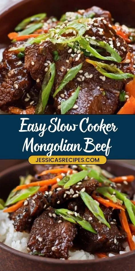 Delicious easy slow cooker Mongolian beef served with rice and vegetables