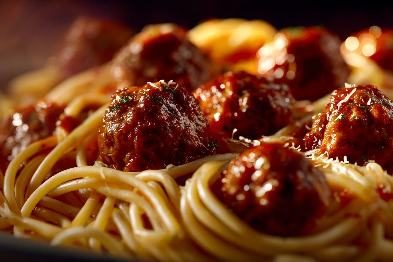 Bowl of easy spaghetti and meatballs garnished with parsley