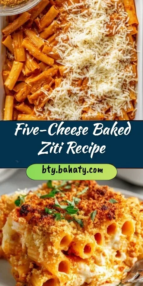 Delicious five-cheese baked ziti topped with melted cheese and fresh herbs