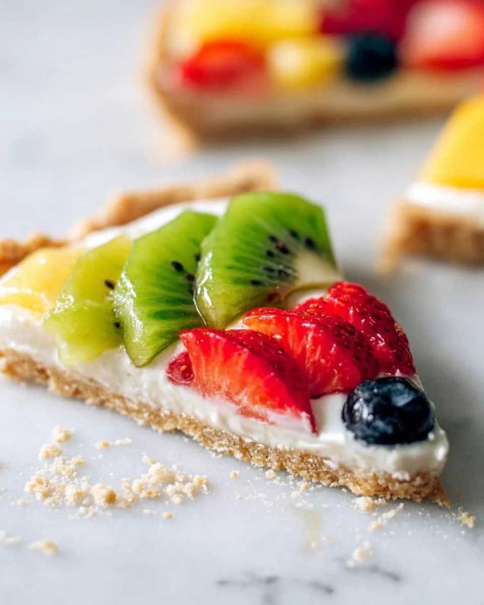Colorful fruit pizza topped with fresh fruits and cream cheese frosting