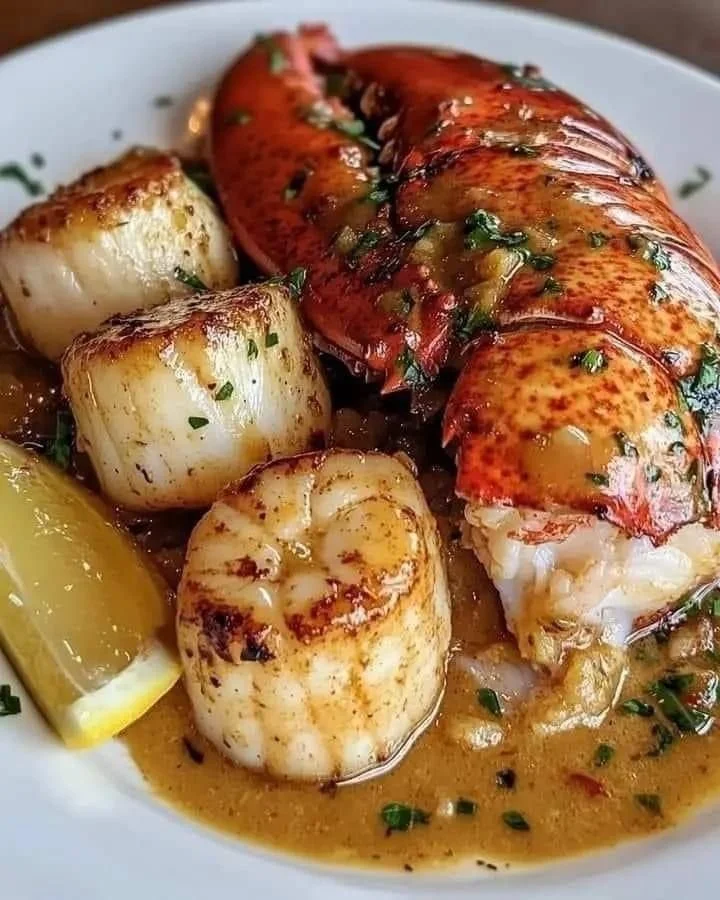 Delicious garlic butter lobster and scallops served on a plate