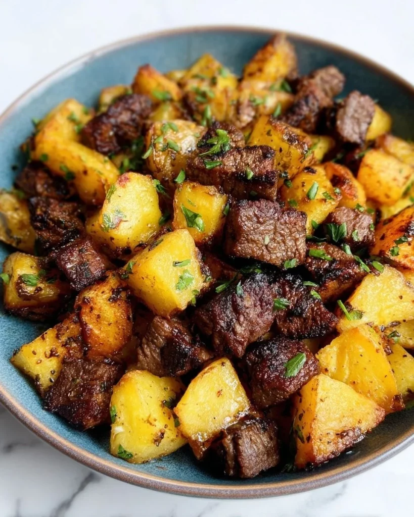 Delicious Garlic Butter Steak with seasoned potatoes on a plate