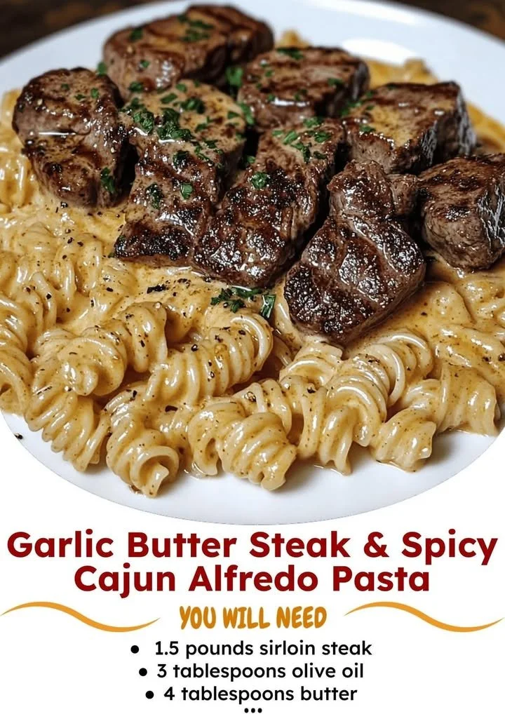 Delicious Garlic Butter Steak Bites served with Spicy Cajun Alfredo Twisted Pasta