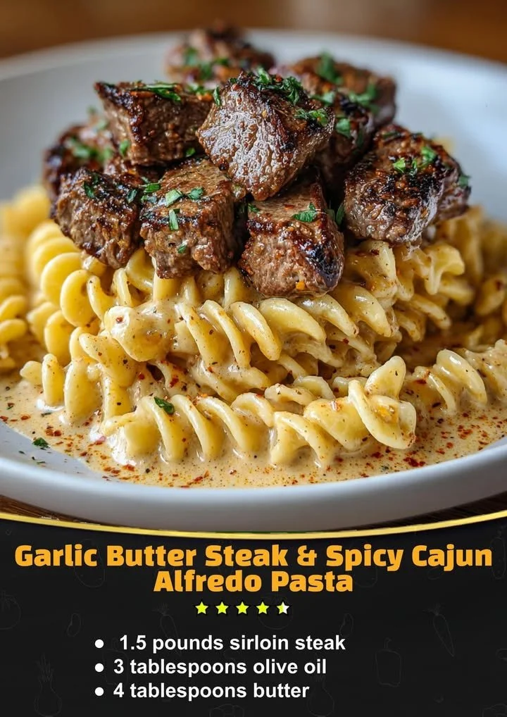 Savory Garlic Butter Steak Bites served with Spicy Cajun Alfredo Twisted Pasta