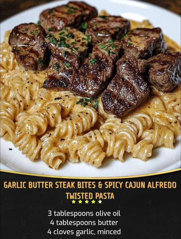Delicious garlic butter steak bites served with spicy cajun alfredo twisted pasta.