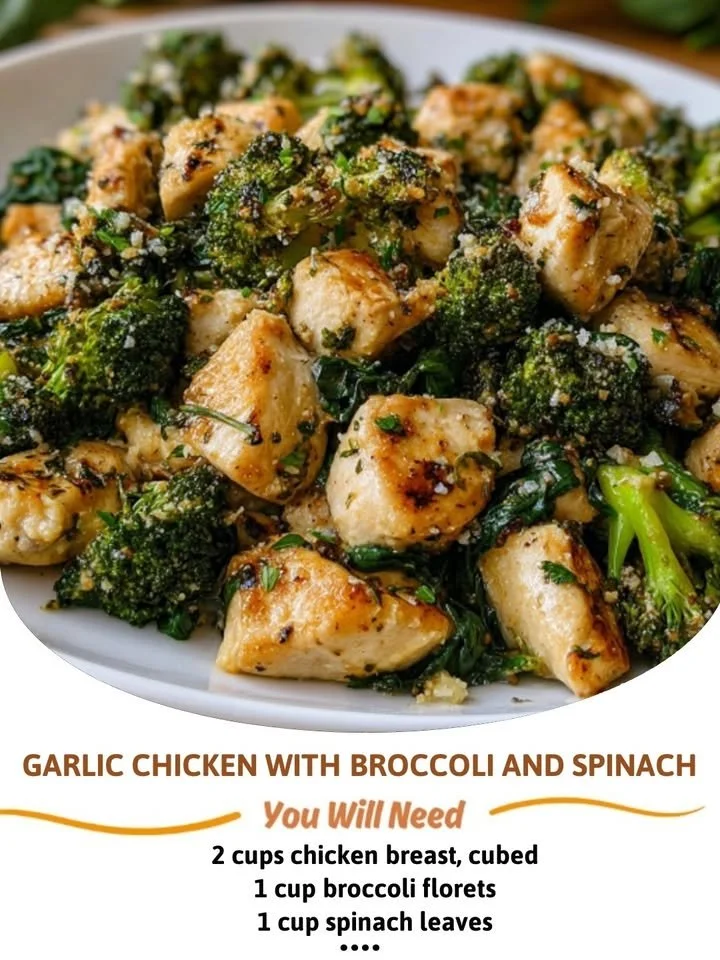 Plate of Garlic Chicken with Broccoli and Spinach garnished with herbs