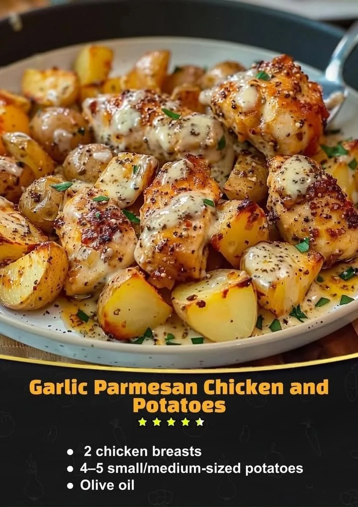 Oven-baked Garlic Parmesan Chicken with crispy potatoes served on a plate