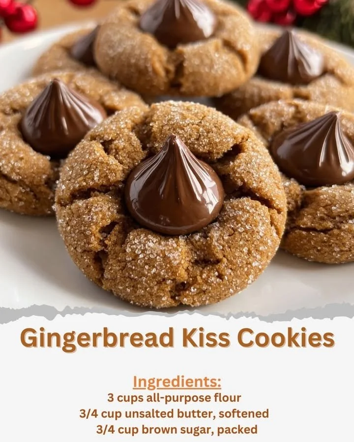 Delicious Gingerbread Kiss Cookies decorated with chocolate kisses.