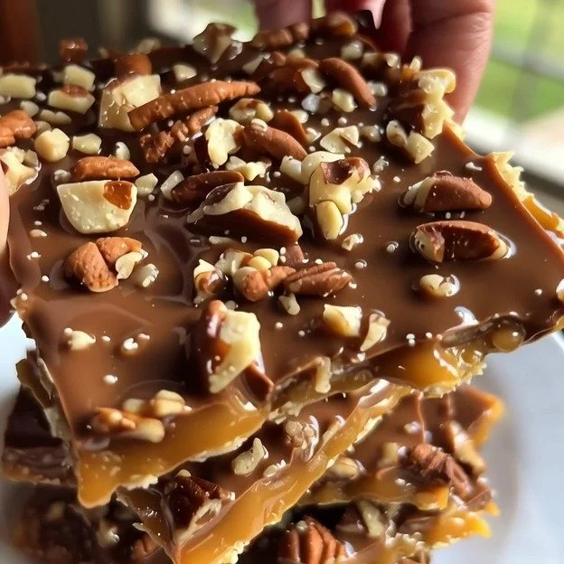 Delicious homemade graham cracker toffee topped with nuts and chocolate.