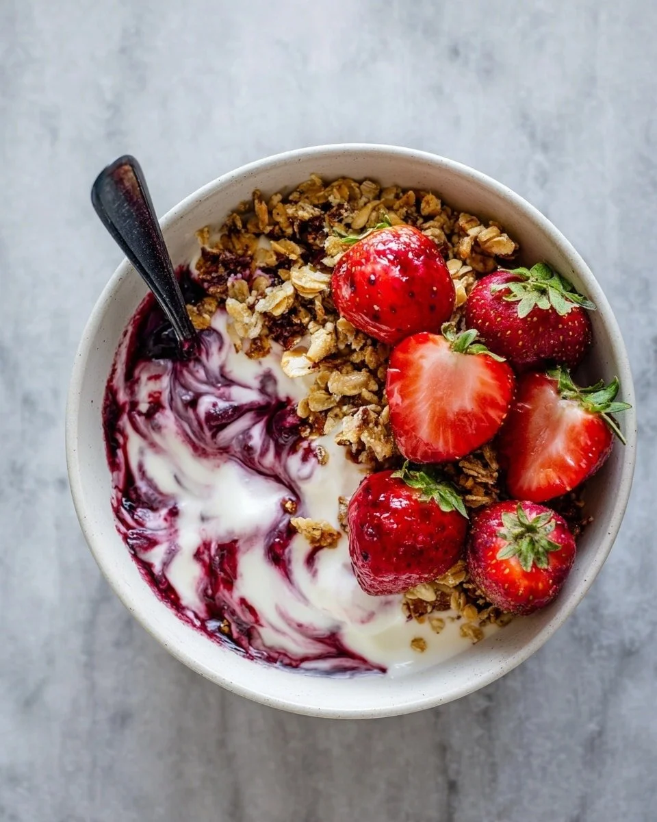 Granola bowl topped with yogurt, fresh fruits, and nuts for a healthy breakfast.