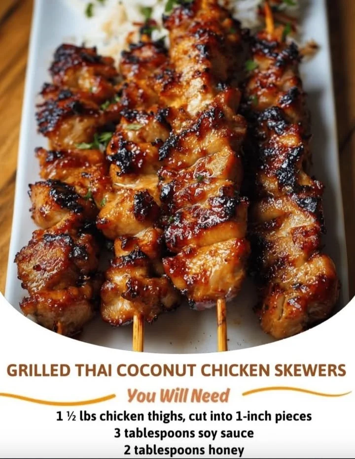 Grilled Thai Coconut Chicken skewers marinated in coconut milk and spices.