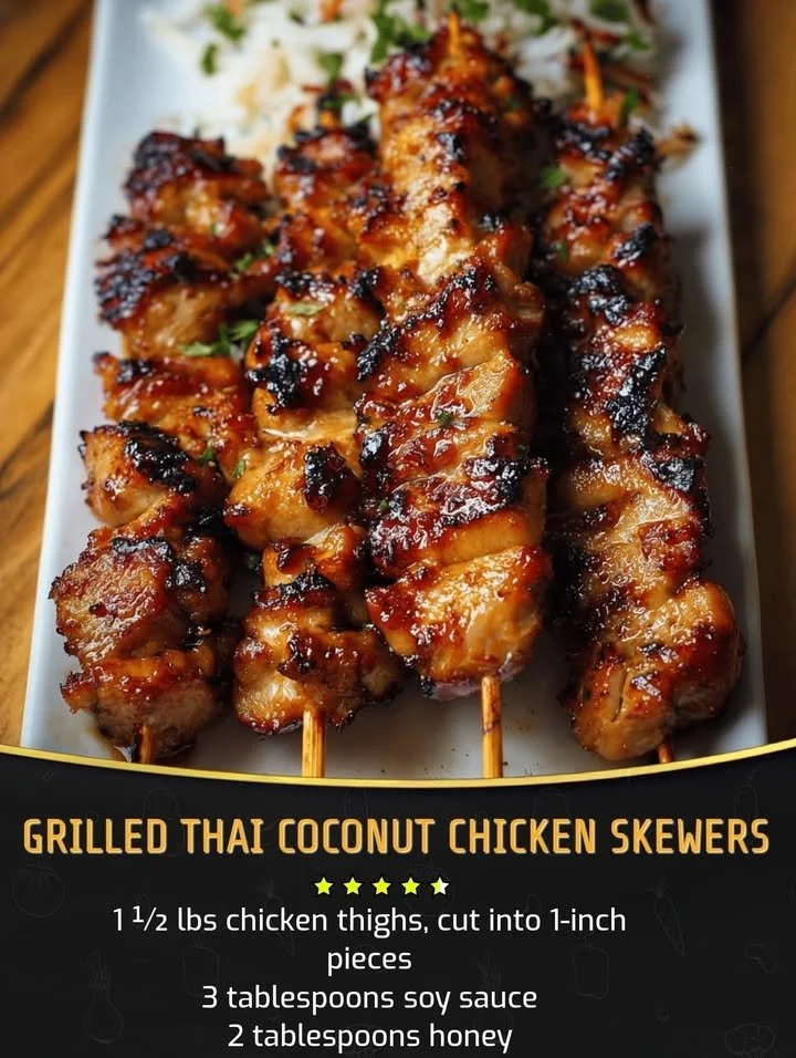 Grilled Thai Coconut Chicken Skewers served on a plate with garnish