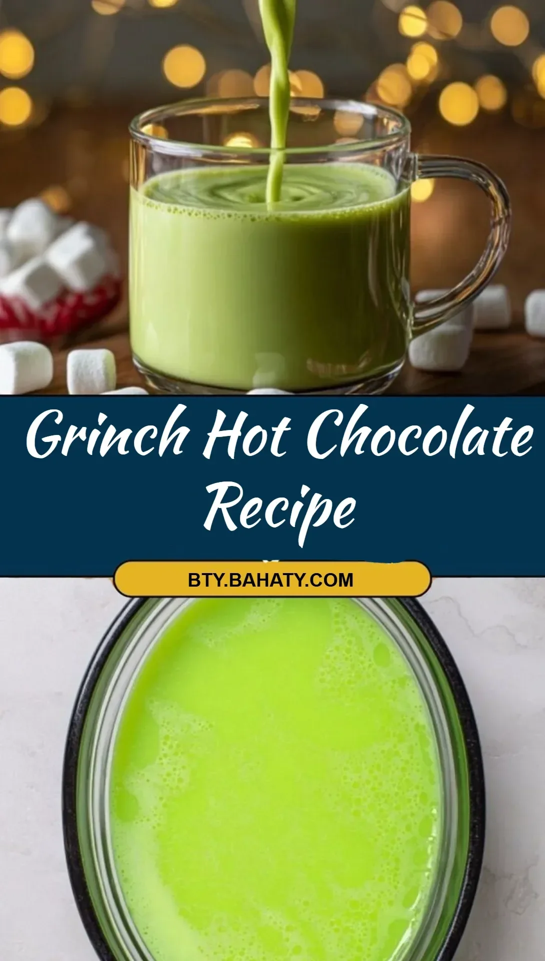 Delicious Grinch hot chocolate topped with whipped cream and festive sprinkles.