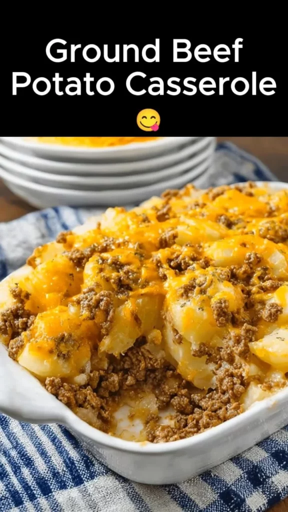 Delicious Ground Beef Potato Casserole topped with cheese and herbs