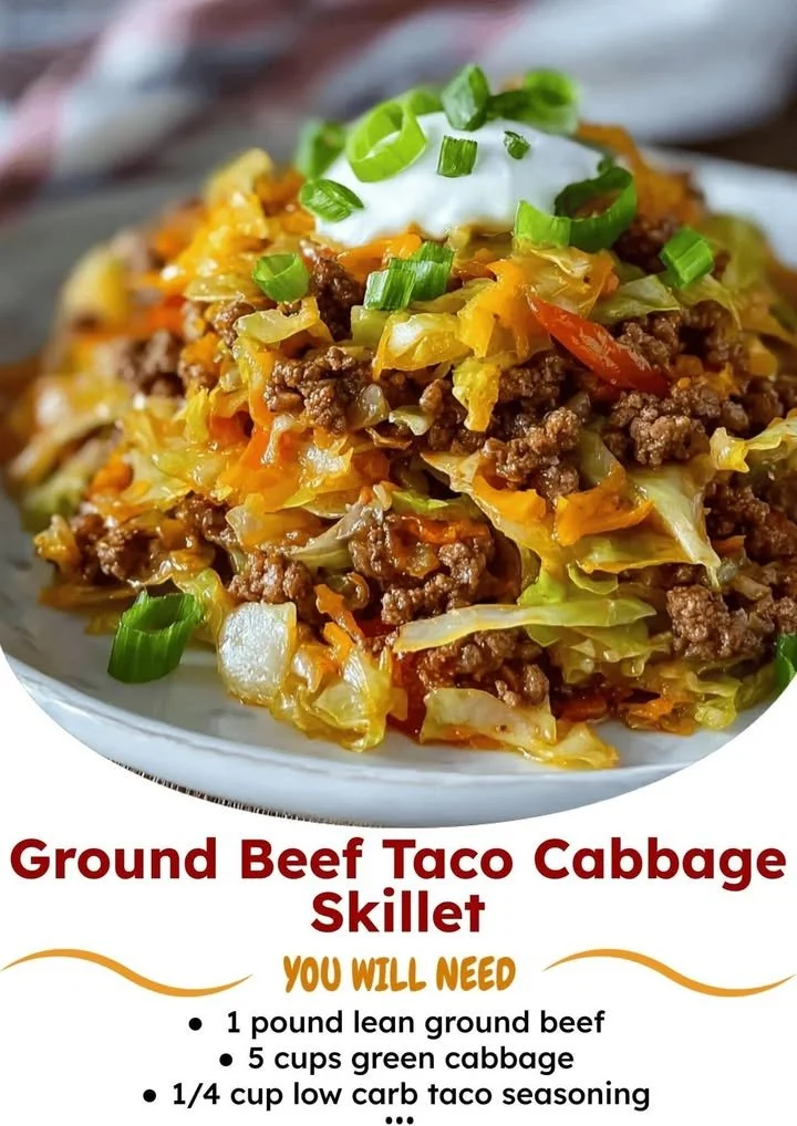 Ground beef taco cabbage skillet in a pan, garnished with toppings
