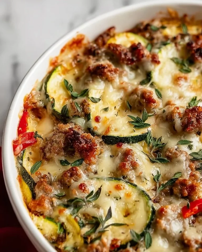 Ground Turkey Zucchini Casserole with cheese and herbs in a baking dish