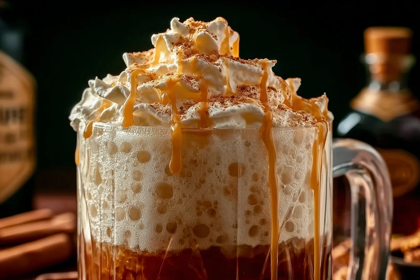 A frothy mug of Harry Potter-inspired Butterbeer, topped with whipped cream