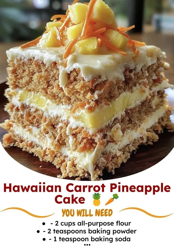 Slice of Hawaiian Carrot Pineapple Cake topped with cream frosting and tropical fruits.