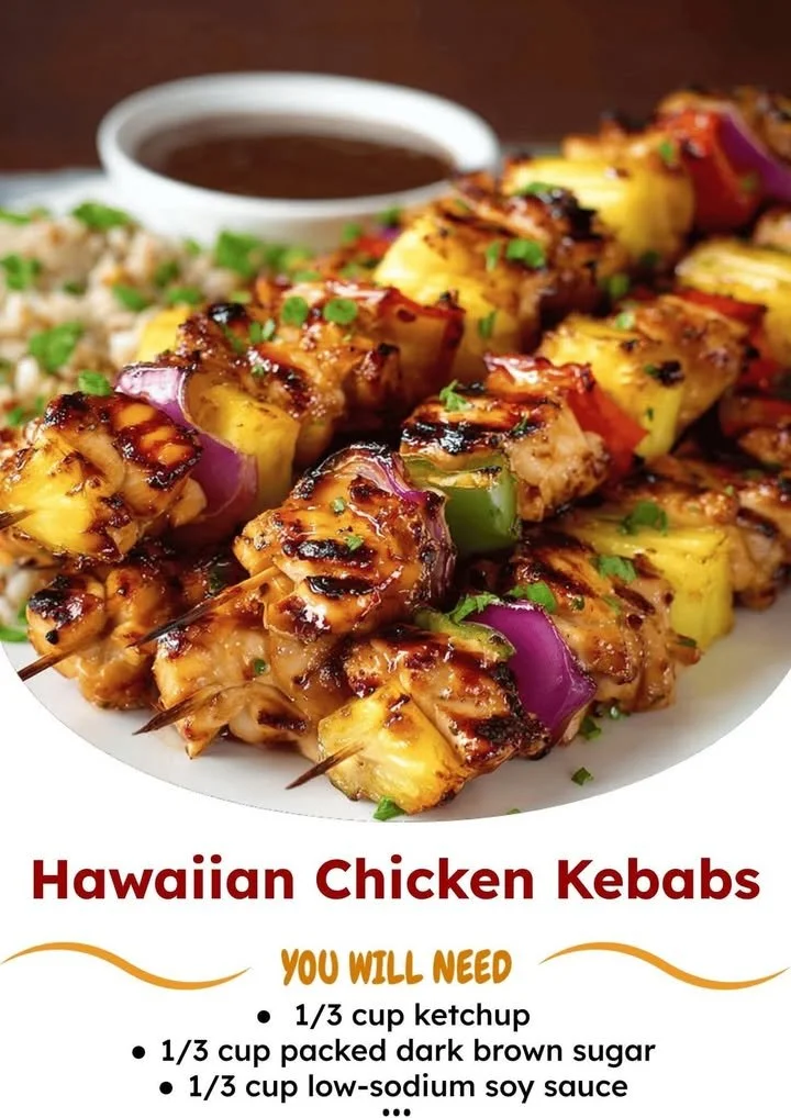 Grilled Hawaiian Chicken Kebabs with colorful vegetables and pineapple.