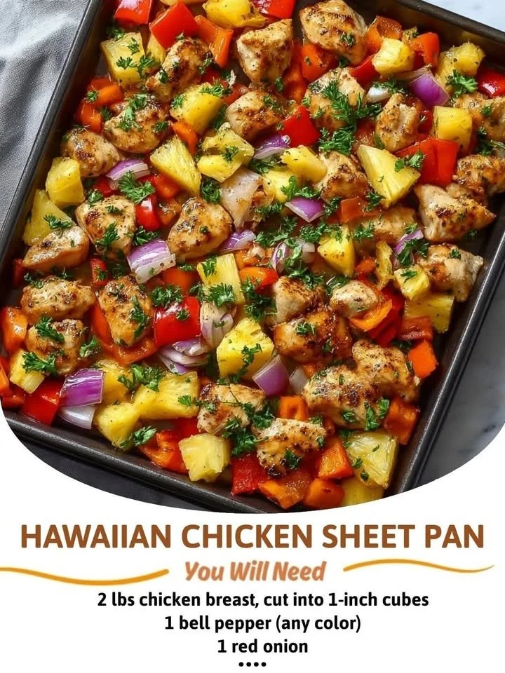 Delicious Hawaiian Chicken Sheet Pan ready to serve with colorful veggies