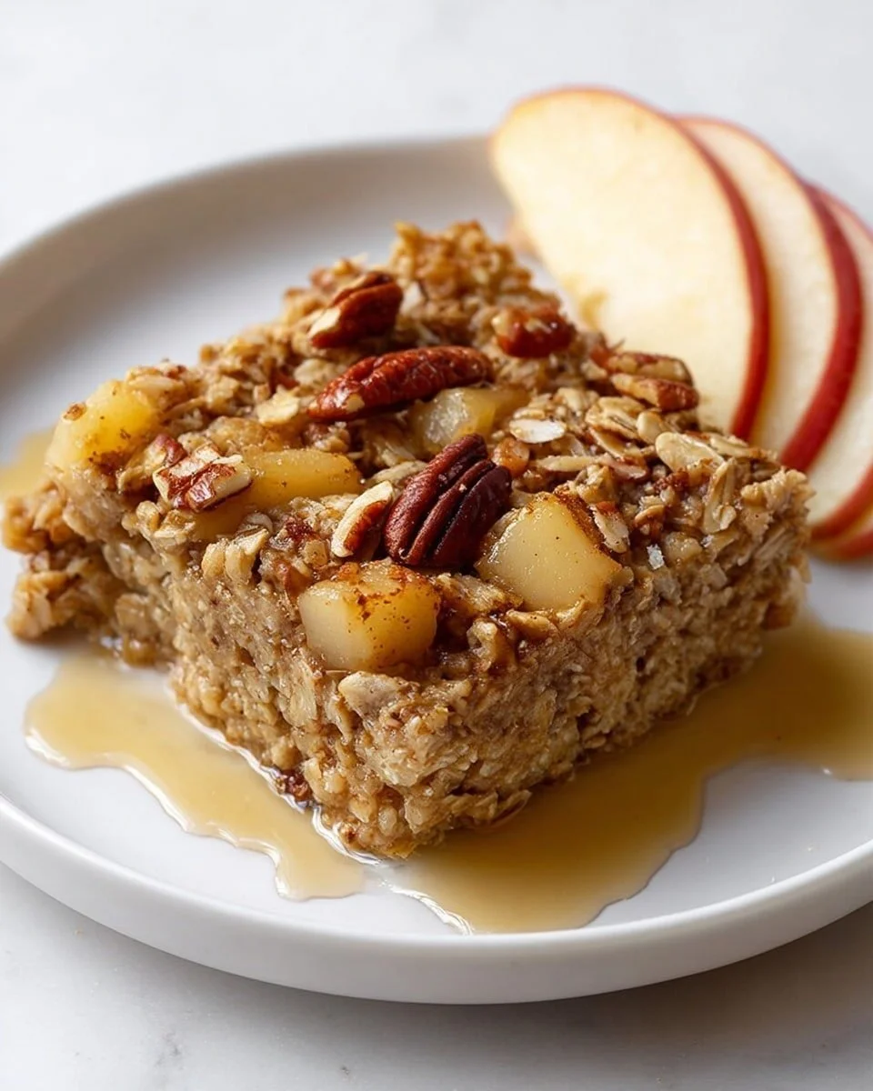 A bowl of healthy baked apple oatmeal with cinnamon and fresh apples
