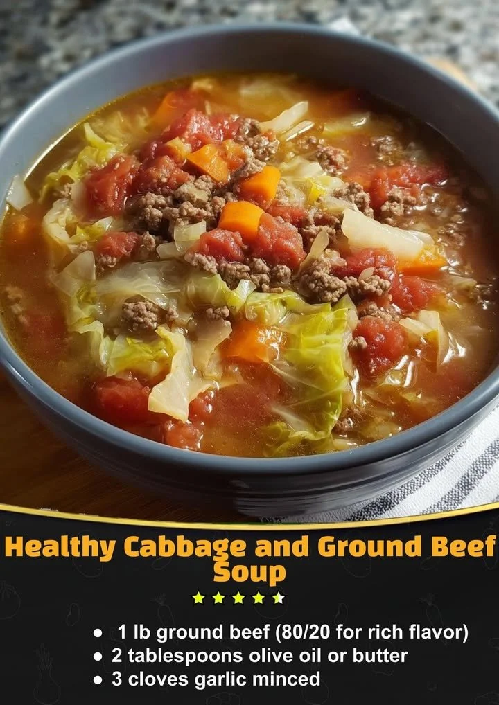 Healthy cabbage and ground beef soup served in a bowl with herbs