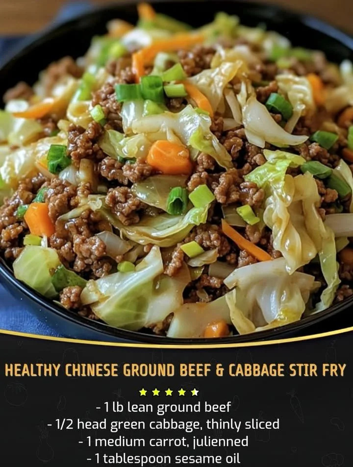 Healthy Chinese ground beef stir fry with cabbage in a skillet