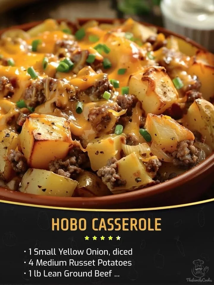 Delicious Hobo Casserole topped with cheese and herbs in a baking dish.