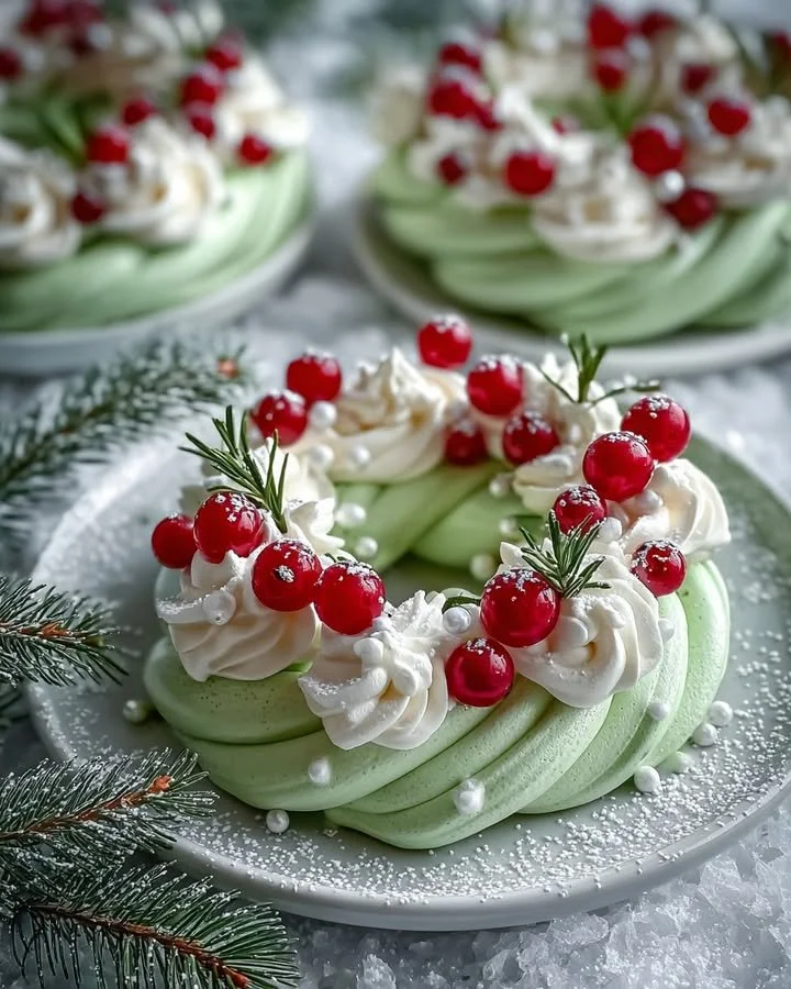Holiday wreath meringues topped with berries and cream for festive celebrations