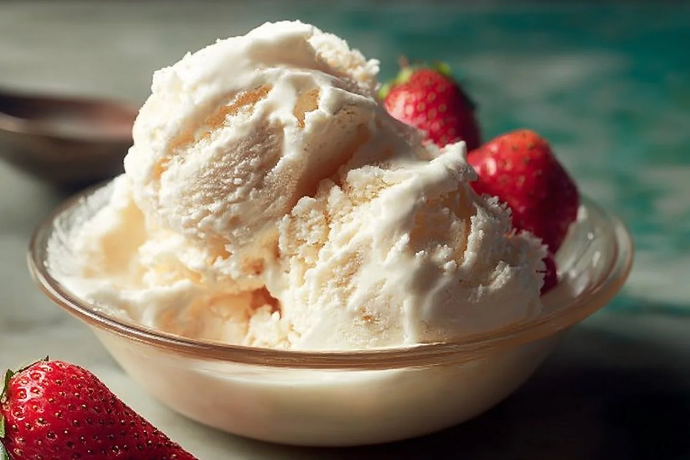 A bowl of homemade ice cream with colorful toppings and fresh fruits.