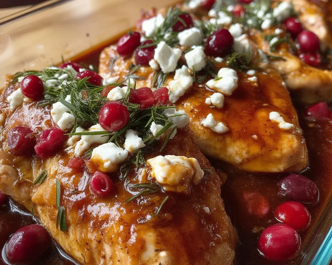 Honey Cranberry Chicken Bake with Feta Cheese served on a plate with garnishes.