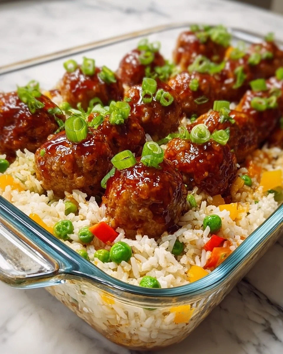 Honey garlic meatball rice bake in a casserole dish with fresh herbs